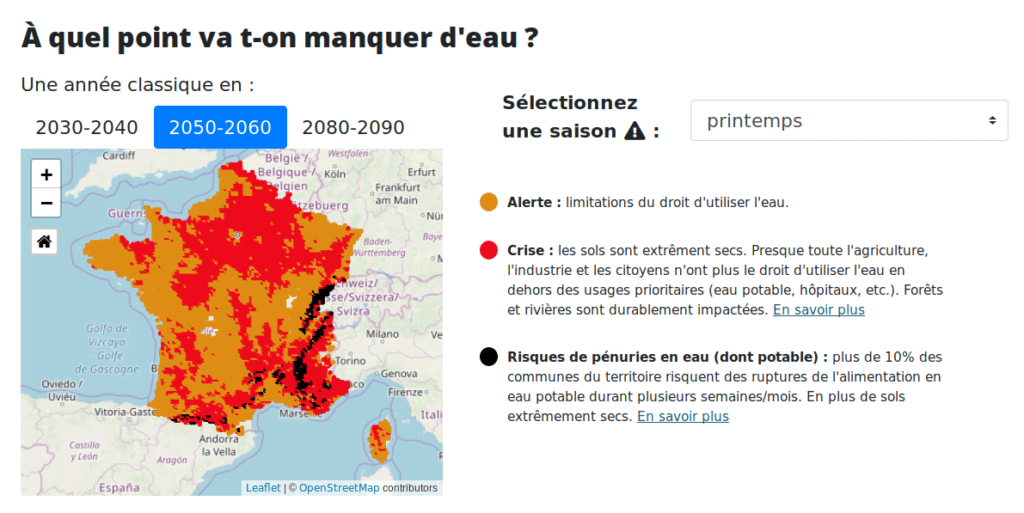 Carte des pénuries d'eau en France en 2050 selon le site secheresses.fr