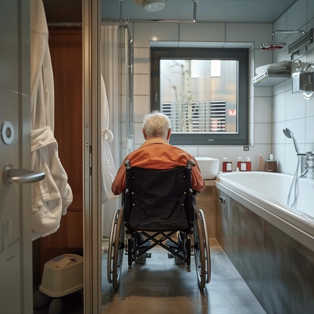 Toilette PMR avec sieges de douche et baignoire