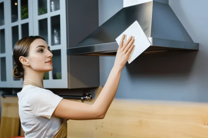 femme nettoie hotte de cuisine